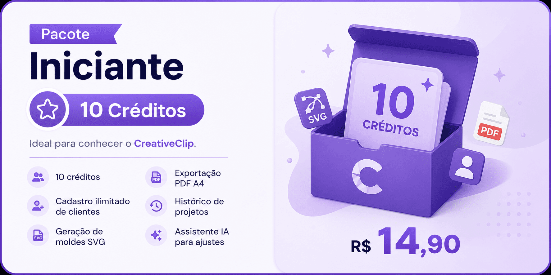 Pacote Starter do CreativeClip, com 10 créditos